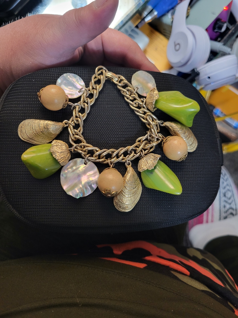 Chunky Bakelite Nugget And Mother Of Pearl Shell Charm Bracelet, Mid-Century